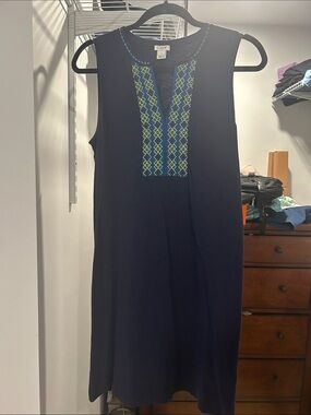 J. Crew Navy Sleeveless Shift Dress with Neon Embroidered Placket